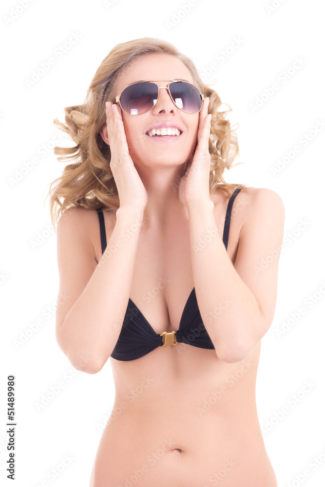 beautiful sexy curly blonde in black swimsuit and sunglasses beautiful sexy curly blonde in black swimsuit and sunglasses