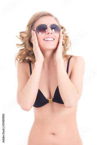beautiful sexy curly blonde in black swimsuit and sunglasses
