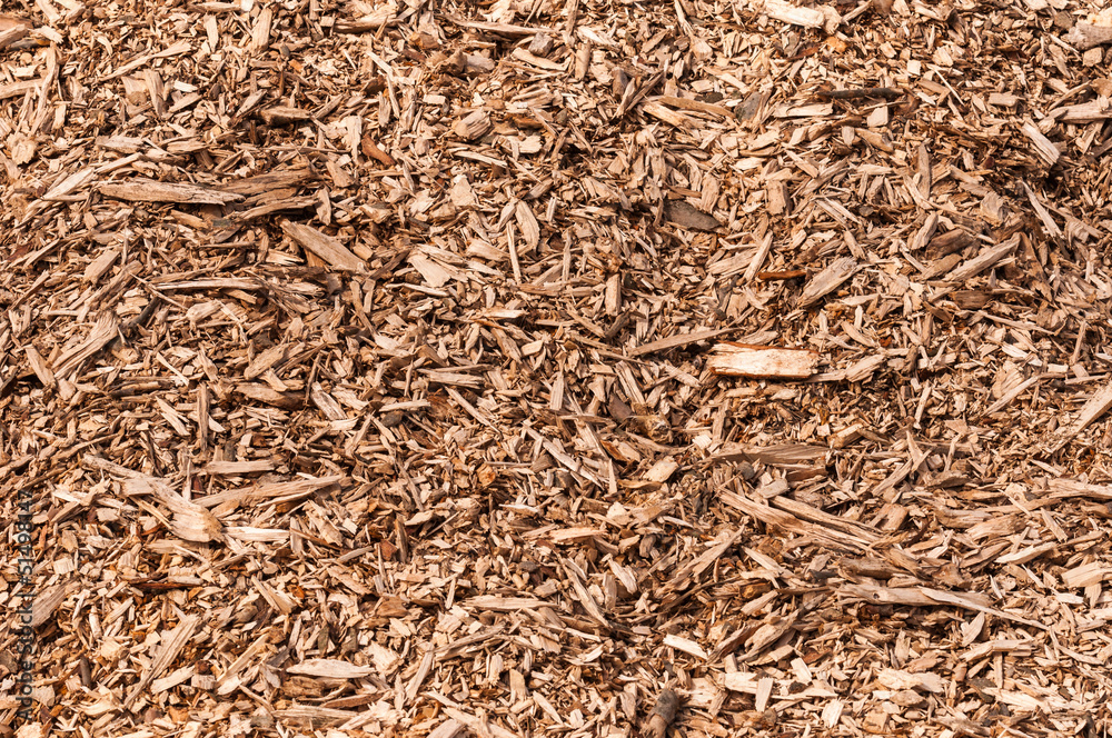 Closeup of a heap of woodchips from shredded trees Closeup of a heap of woodchips from shredded trees