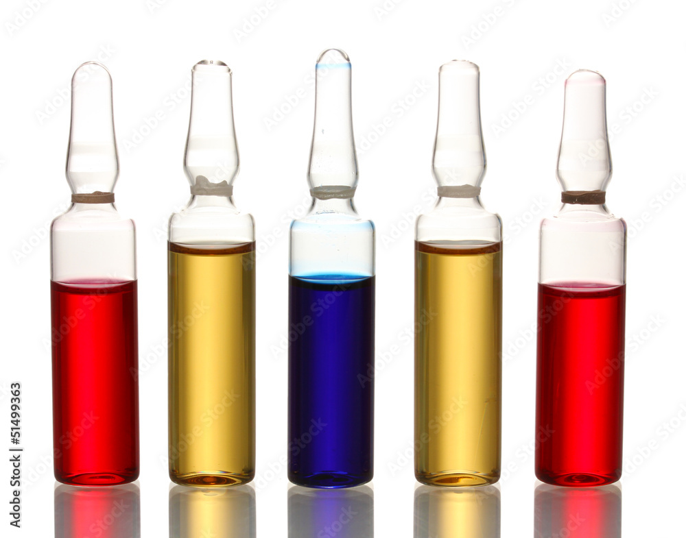 medical ampules with bright liquid, isolated on white medical ampules with bright liquid, isolated on white
