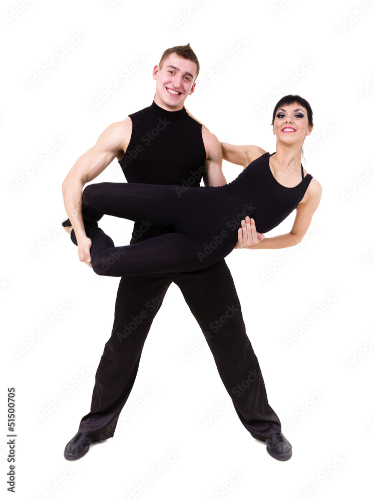 two young modern acrobats posing on white two young modern acrobats posing on white