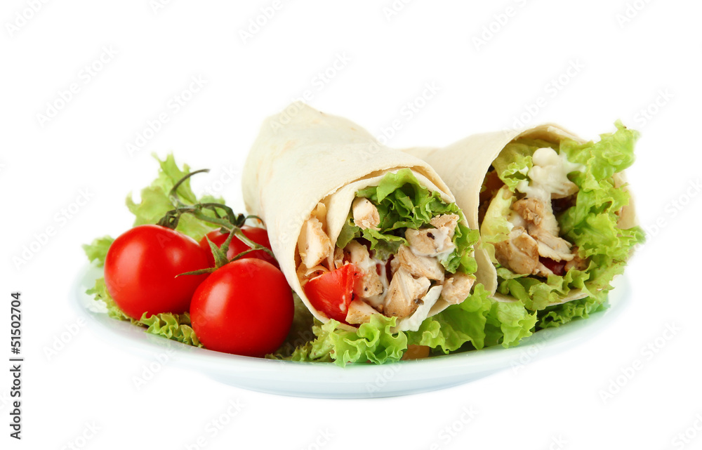 Kebab - grilled meat and vegetables, on plate, isolated on Kebab - grilled meat and vegetables, on plate, isolated on