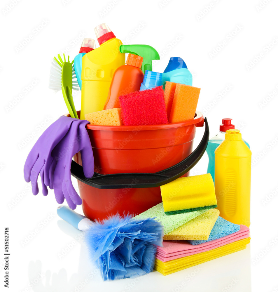 Cleaning items in bucket isolated on white Cleaning items in bucket isolated on white