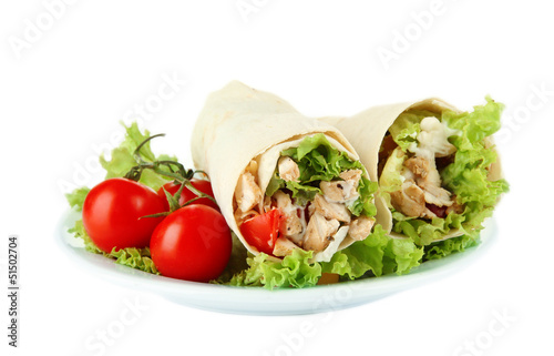 Kebab - grilled meat and vegetables, on plate, isolated on