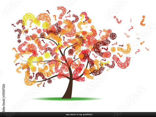 Tree with a question mark leaf, red-orange-yellow