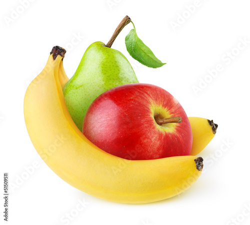 Isolated fruits. Fresh banana, apple and pear (baby food ingredients) isolated on white background