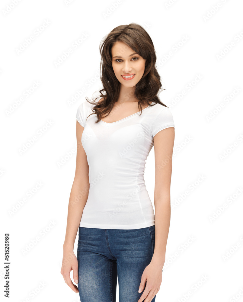 woman in blank white t-shirt