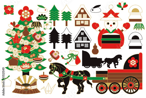 和風ＸＭＡＳ「クリスマスツリー・雪だるまサンタクロース・馬車・巾着袋・樅ノ木・日本家屋・縁起物」冬のイラスト素材集