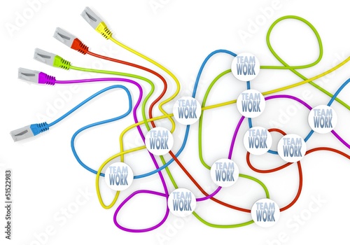 Teamwork icon nodes in network cable chaos
