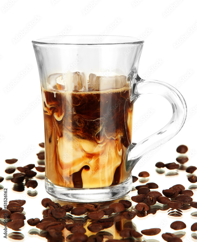 Cold coffee with ice in glass isolated on white Cold coffee with ice in glass isolated on white