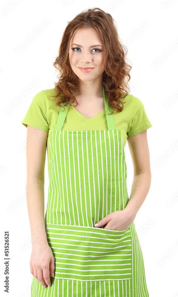 Young woman wearing kitchen apron, isolated on white Young woman wearing kitchen apron, isolated on white