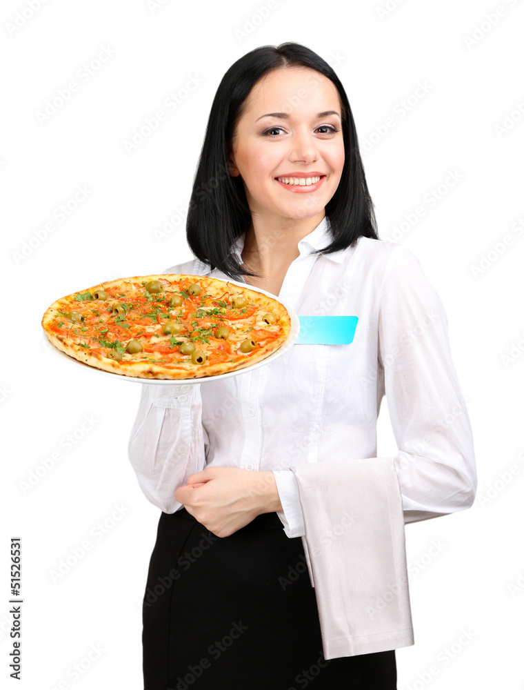 Beautiful girl waiter with pizza isolated on white Beautiful girl waiter with pizza isolated on white