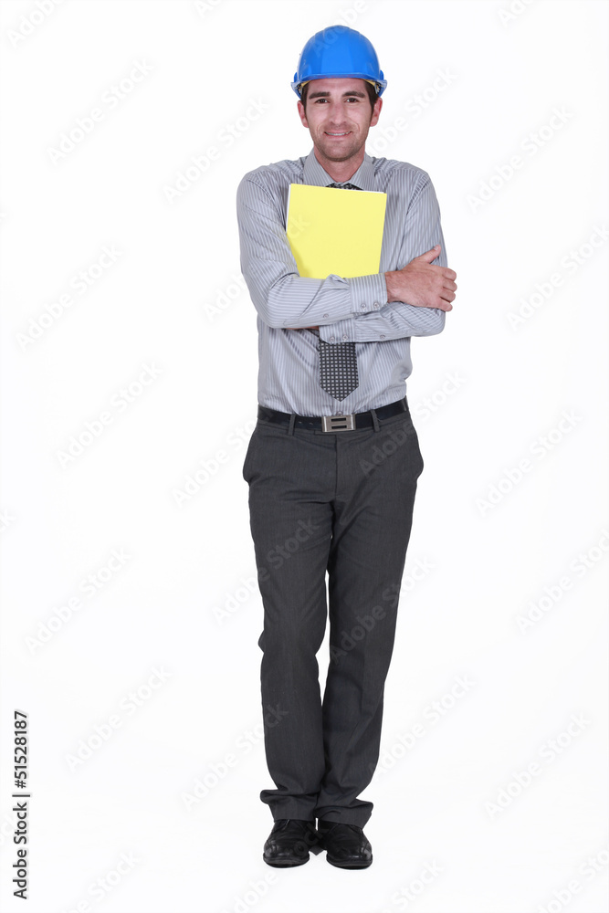 Man with helmet holding report Man with helmet holding report
