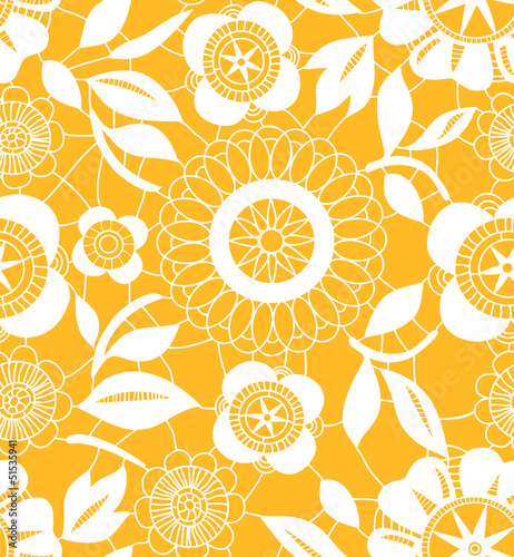White crochet lacy flowers on orange seamless pattern, vector