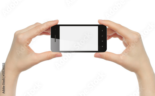 Hands holding smart phone isolated on white background.