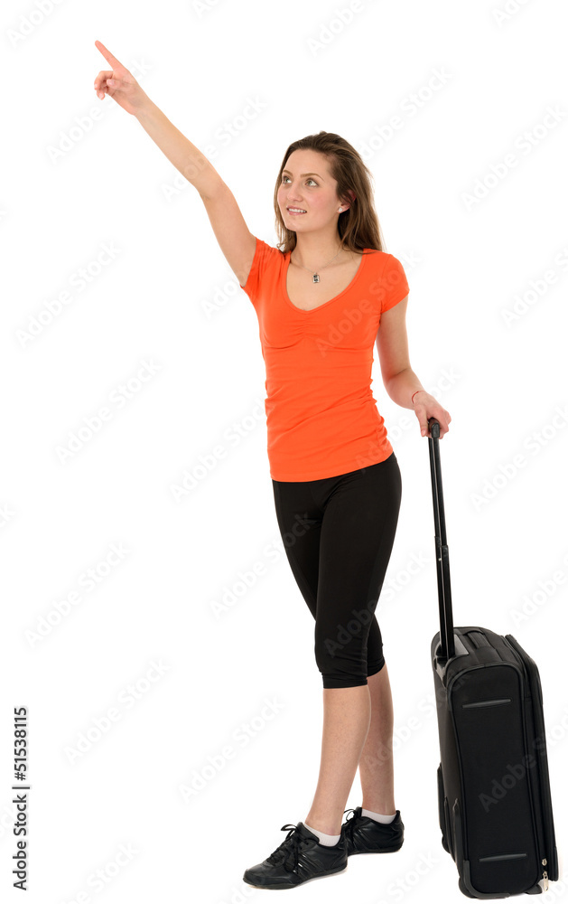a beautiful tourist woman with baggage showing sign isolated on a beautiful tourist woman with baggage showing sign isolated on