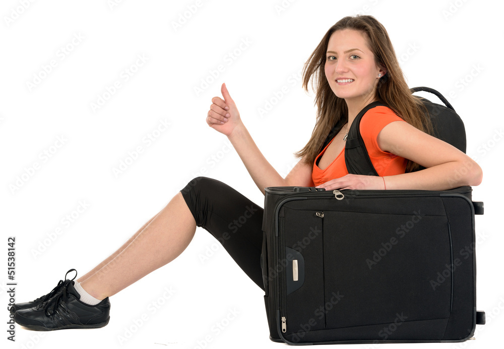 tourist woman with baggage showing sign isolated on white tourist woman with baggage showing sign isolated on white