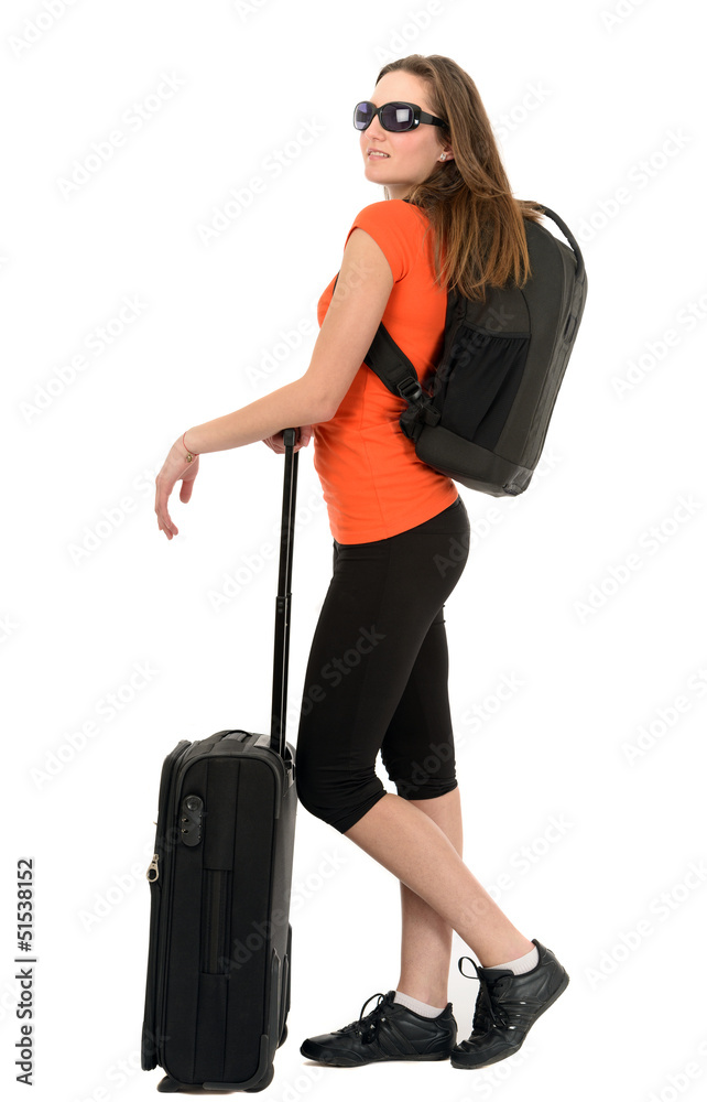 a beautiful woman tourist with luggage isolated on white backgro a beautiful woman tourist with luggage isolated on white backgro