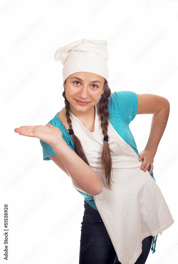 girl cook stretches an empty palm, isolated white background girl cook stretches an empty palm, isolated white background