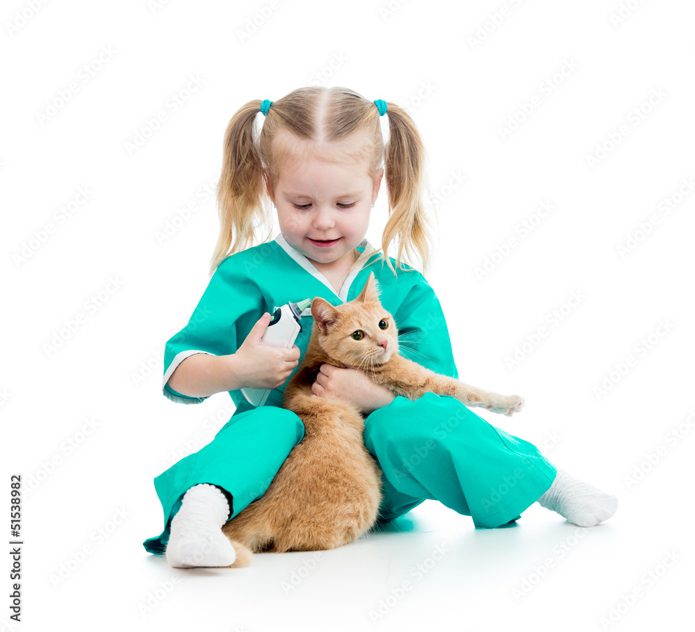 doctor girl playing and measuring  cat temperature