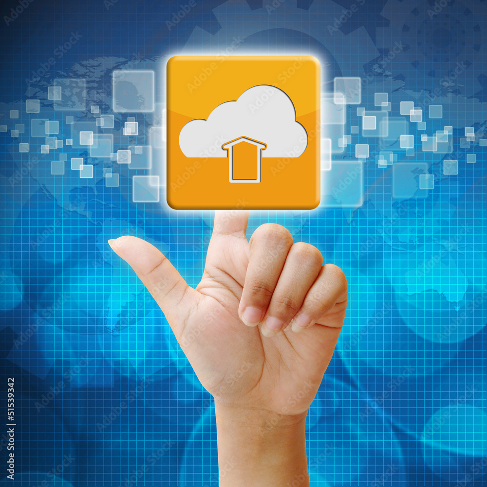In press Cloud upload icon on touch screen interface In press Cloud upload icon on touch screen interface
