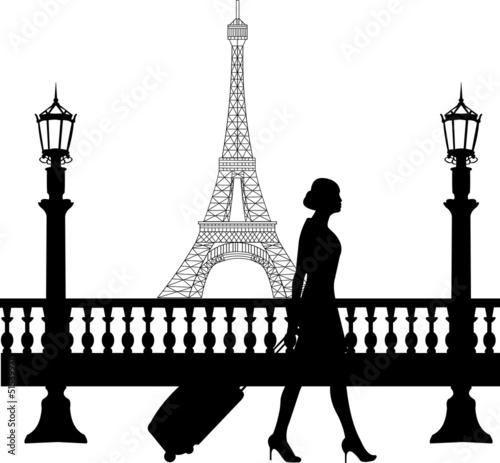 A business woman traveling on business trip in Paris silhouette
