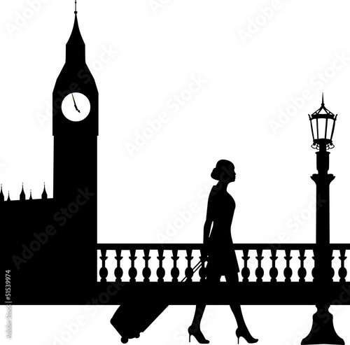 A business woman traveling on business trip in London silhouette