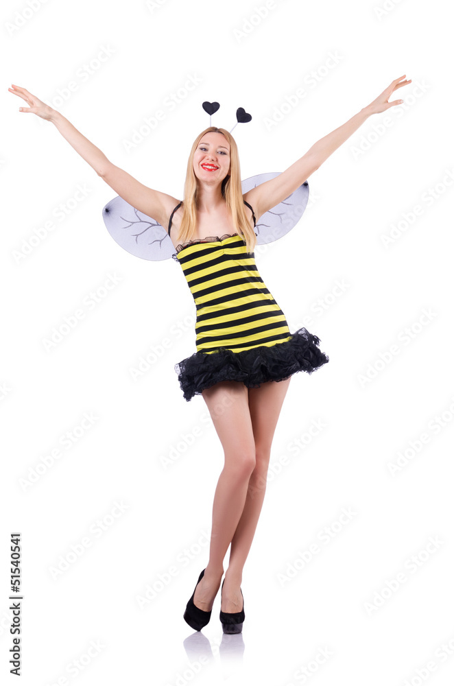 Woman in bee costume isolated on white Woman in bee costume isolated on white