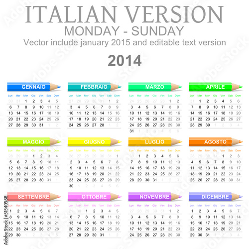 Calendario 2014 vettoriale Italiano con matite colorate