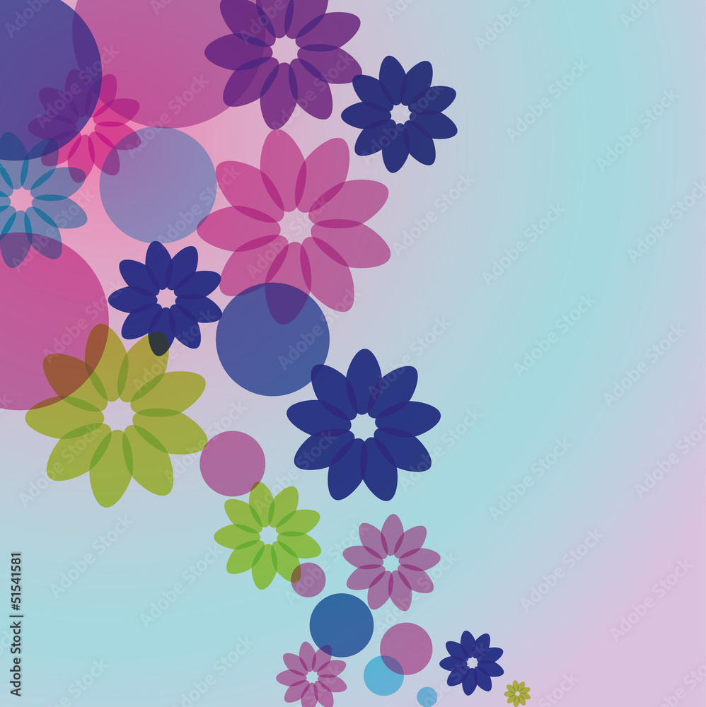 Background with colorful flowers and circles.