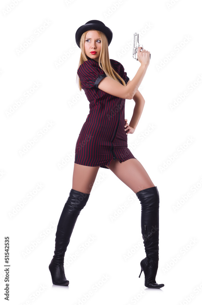 Woman gangster with handgun on white Woman gangster with handgun on white