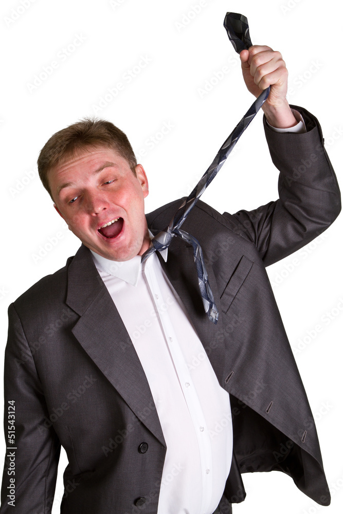Naklejka premium mid-adult man pulling necktie out to choke himself while making