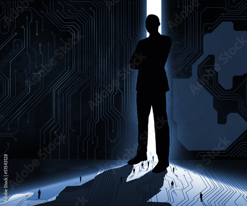 Silhouette of businessman guarding door