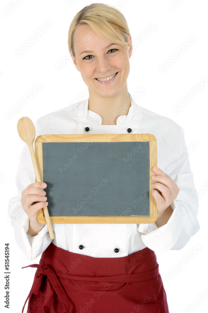 Junge Köchin hält leere Tafel Junge Köchin hält leere Tafel