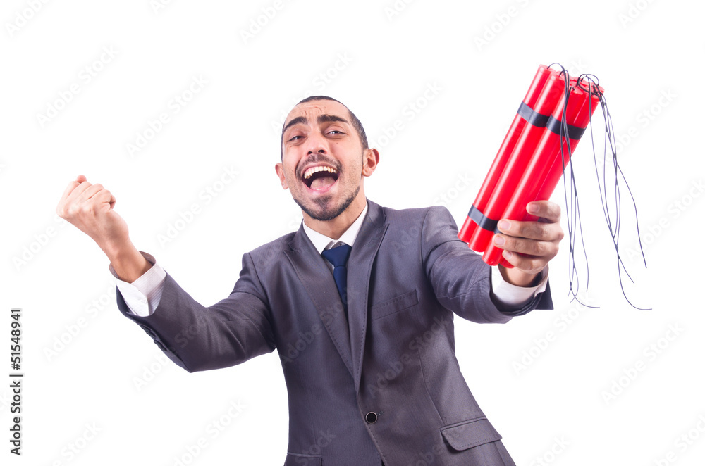 Businessman with dynamite isolated on white