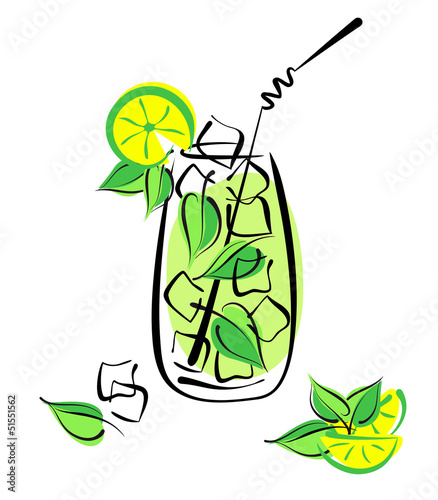 Iced mojito with lime and mint. Alcohol cocktail in glass