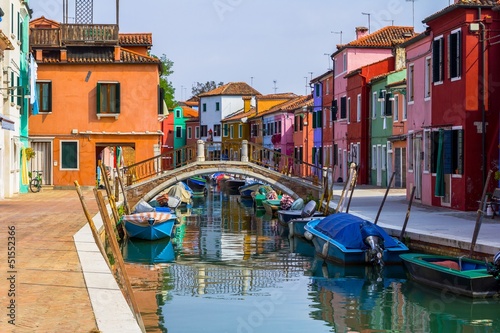 Burano street full of boats and the typical colorful houses