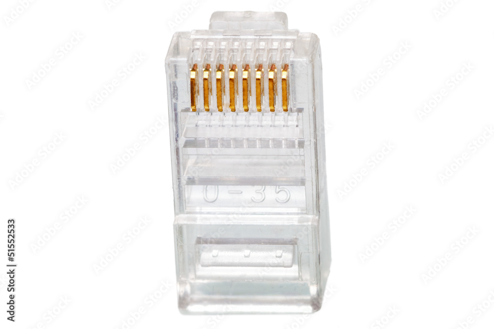 Network connection plug RJ-45. Macro. Isolated. Network connection plug RJ-45. Macro. Isolated.