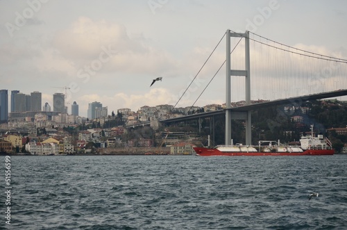 First Bosphorus bridge with ship in transit, Istanbul, Turkey