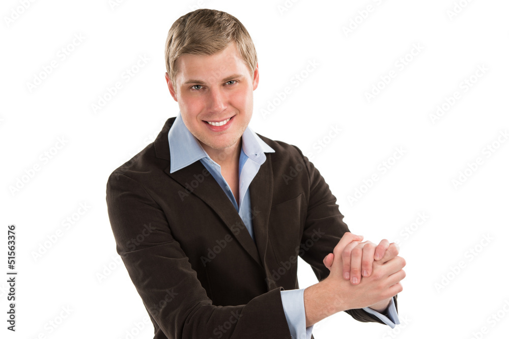 Closeup portrait of a smart young business man smiling isolated Closeup portrait of a smart young business man smiling isolated