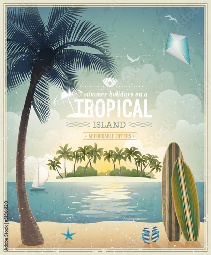 Vintage seaside view poster. Vector background.