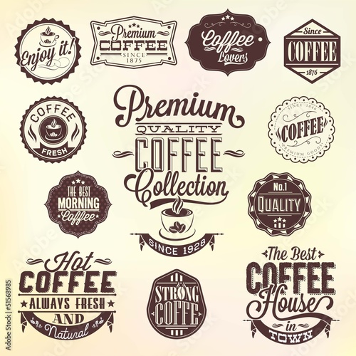 Photo Set Of Vintage Retro Coffee Badges And Labels