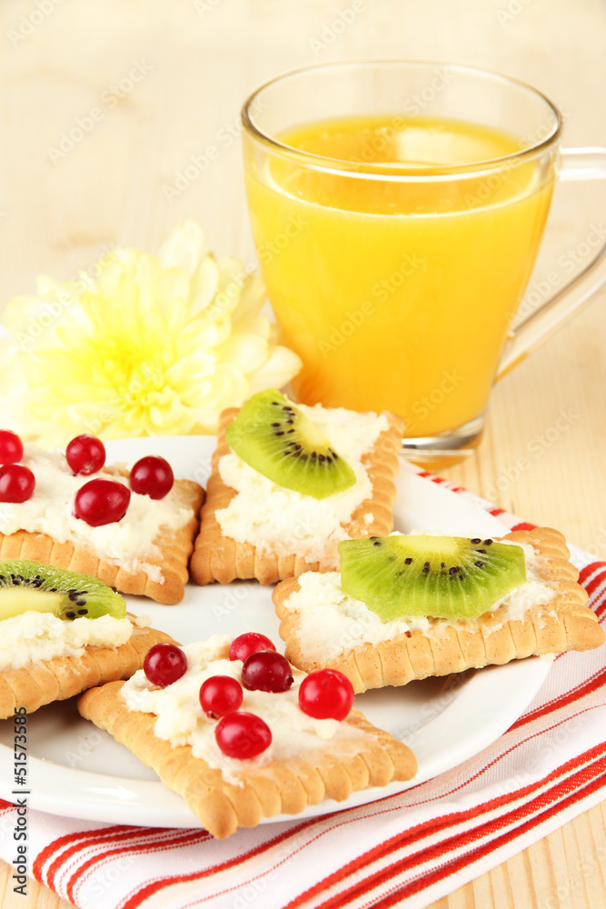 Tasty canapes with cheese and kiwi, cranberry, Tasty canapes with cheese and kiwi, cranberry,