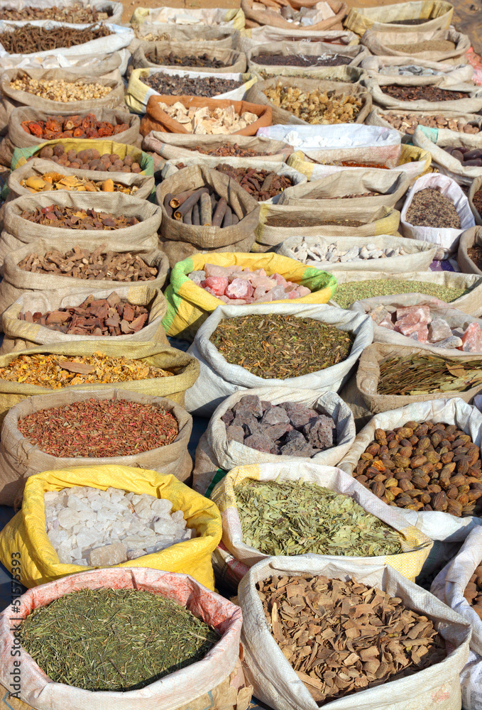 Fototapeta premium bags with spices on indian market