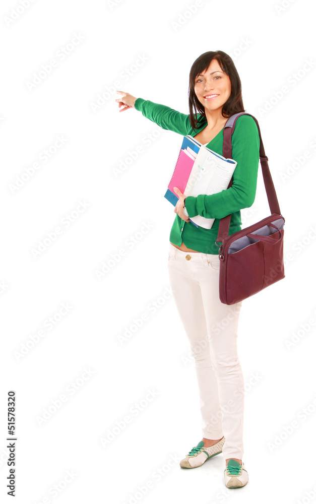 A beautiful girl is pointing up - isolated on white background A beautiful girl is pointing up - isolated on white background