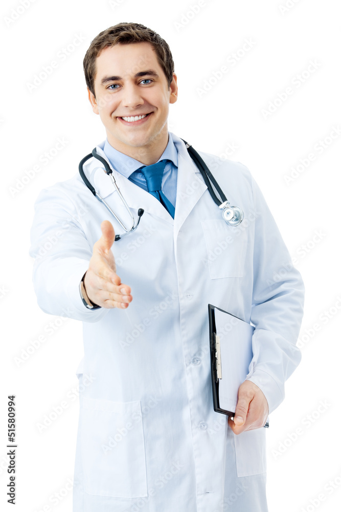 Happy smiling doctor giving hand for handshaking Happy smiling doctor giving hand for handshaking