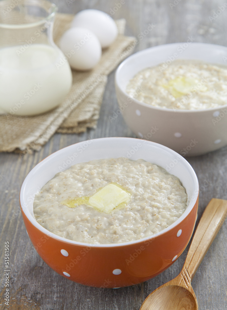 Oatmeal porridge with butter, milk and eggs