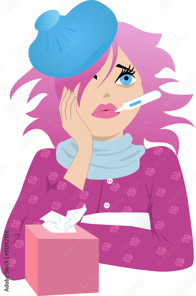Pretty woman with ice pack, thermometer and bpx of tissues Pretty woman with ice pack, thermometer and bpx of tissues
