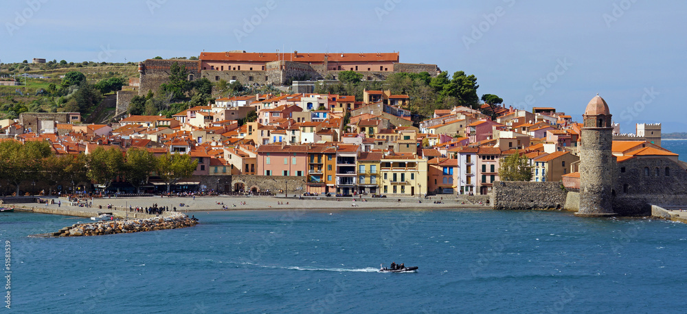 Panorama over the old village of Collioure on the shore of Mediterranean sea, Roussillon, Pyrenees Orientales, France