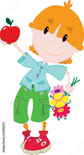 Boy with apple and flowers